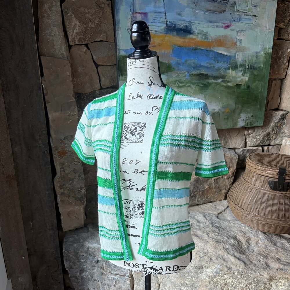 Vintage Helen Sue Striped Open Front Knit Cardigan Green Blue White Medium